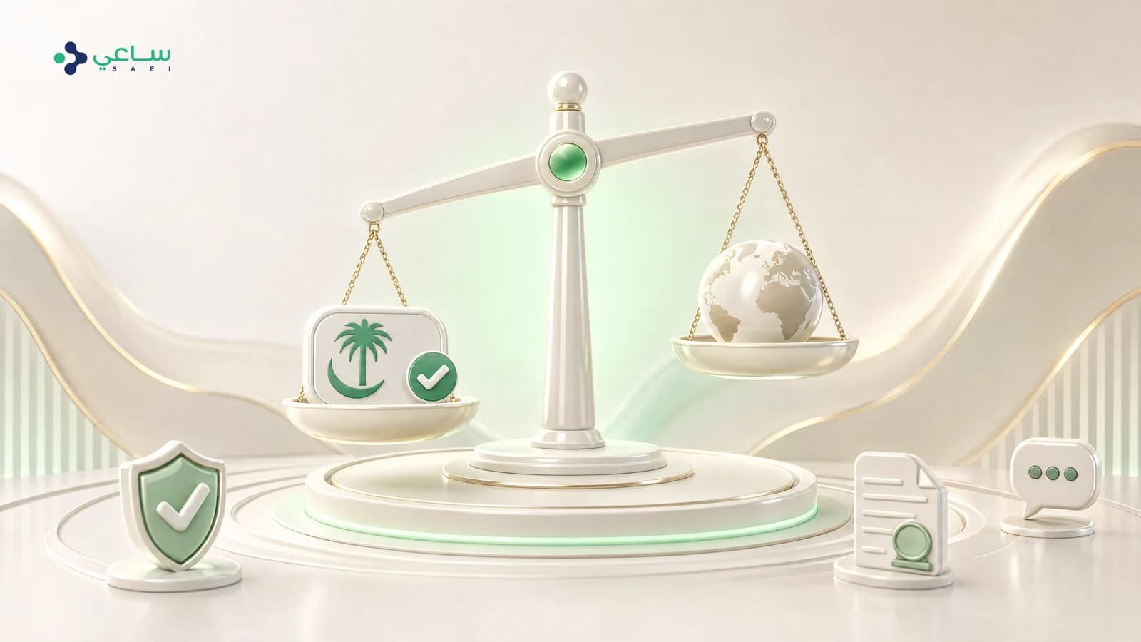 رسم توضيحي: مساران لربط رقم واتساب — مسار مباشر متّصل بعلامة صح خضراء، ومسار يمرّ عبر صندوق وسيط بخط متقطّع، وإلى جانبهما فاتورة عليها رمز استجابة سريعة ودرع حماية