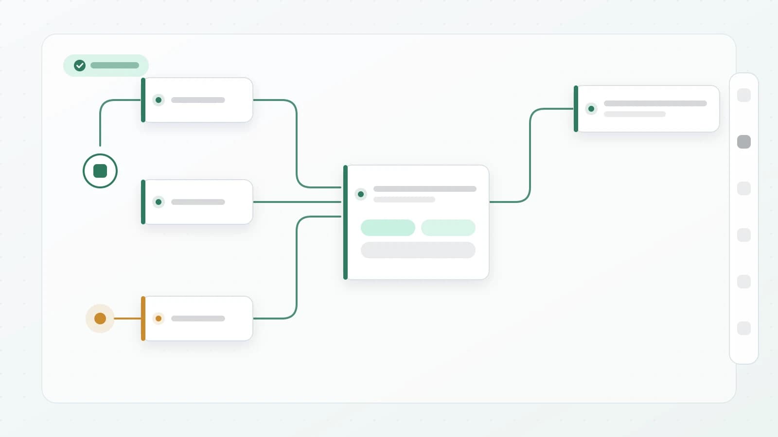 رسم توضيحي: لوحة بناء عليها بطاقات خطوات موصولة بخطوط منحنية، تتفرّع بطاقة أزرار إلى ثلاثة مسارات، ينتهي أحدها عند دائرة نهاية وآخر عند بطاقة تسليم