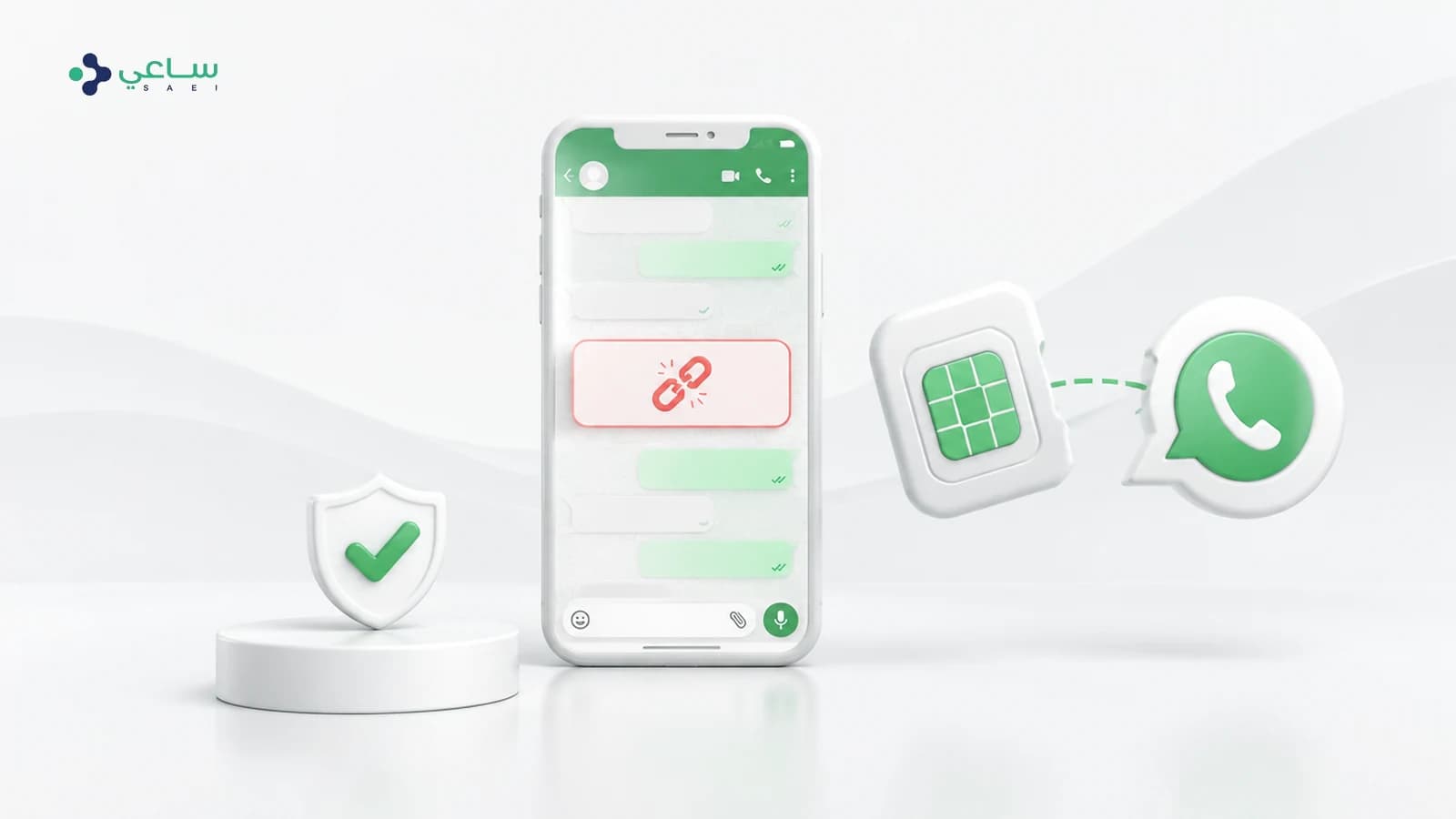 A 3D illustration: a handset showing a WhatsApp conversation with a red alert carrying a broken-link icon, and beside it a SIM card separated from the WhatsApp mark