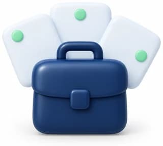 A briefcase with several client cards fanned out behind it