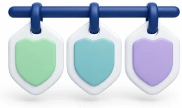 Three brand tags in different colours hanging from one bar
