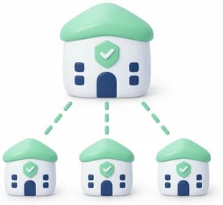 A head-office building branching down to three locations carrying the same badge