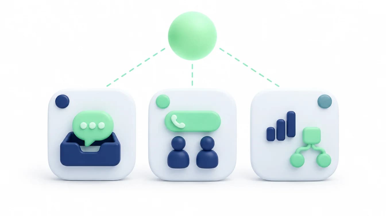 Three separate workspaces, each with its own inbox, number and reports, all connected to a single account above them