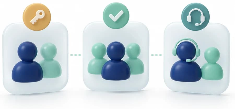 Three separate workspaces, each holding team members with a different role badge