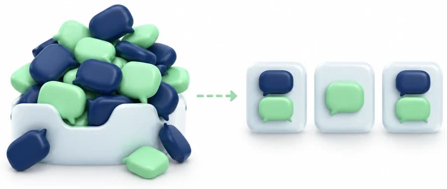 One crowded inbox piled with stacked messages, becoming three tidy separate workspaces
